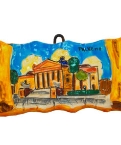 Pergamena piccola incisa decorata a mano raffigurante il Teatro Massimo di Palermo 11x6 cm cielo azzurro