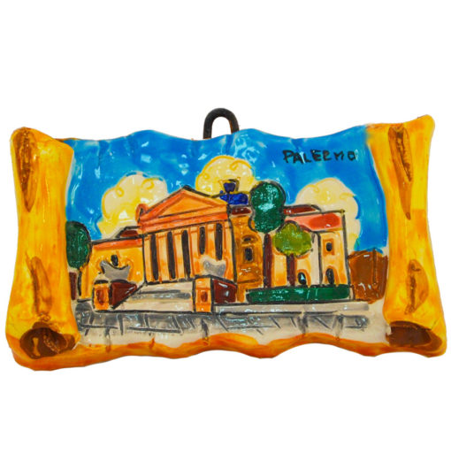 Pergamena piccola incisa decorata a mano raffigurante il Teatro Massimo di Palermo 11x6 cm cielo azzurro